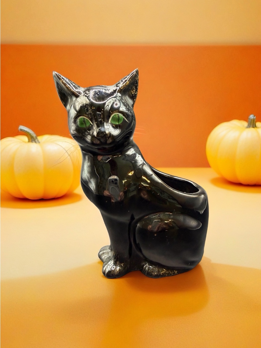 Vintage 5.5” Tall Black Cat Ceramic Planter Figurine Green Eyes Glossy Pottery